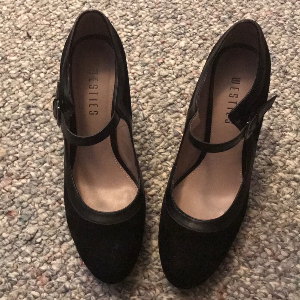 Black suede Mary Jane style heels